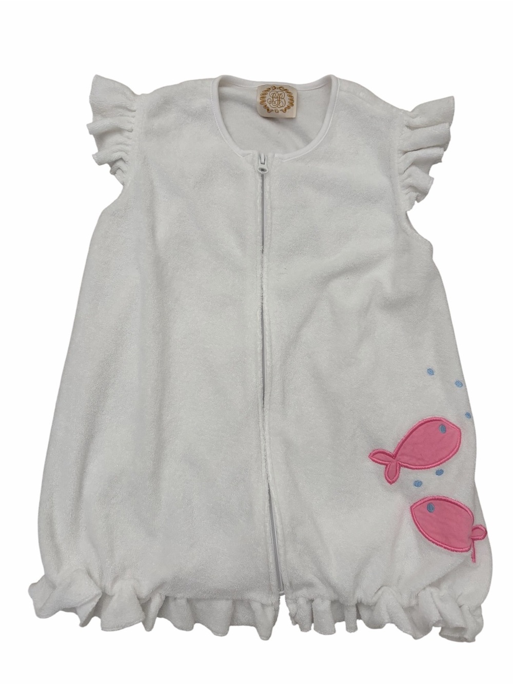 Kids White Sleeveless Zip swim cover up  with Pink Fish
